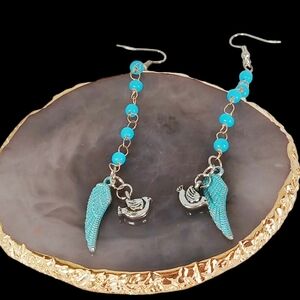 Shoulder Duster Angel Wing & Vintage Doves Teal Earrings Angelcore Fairycore Y2K